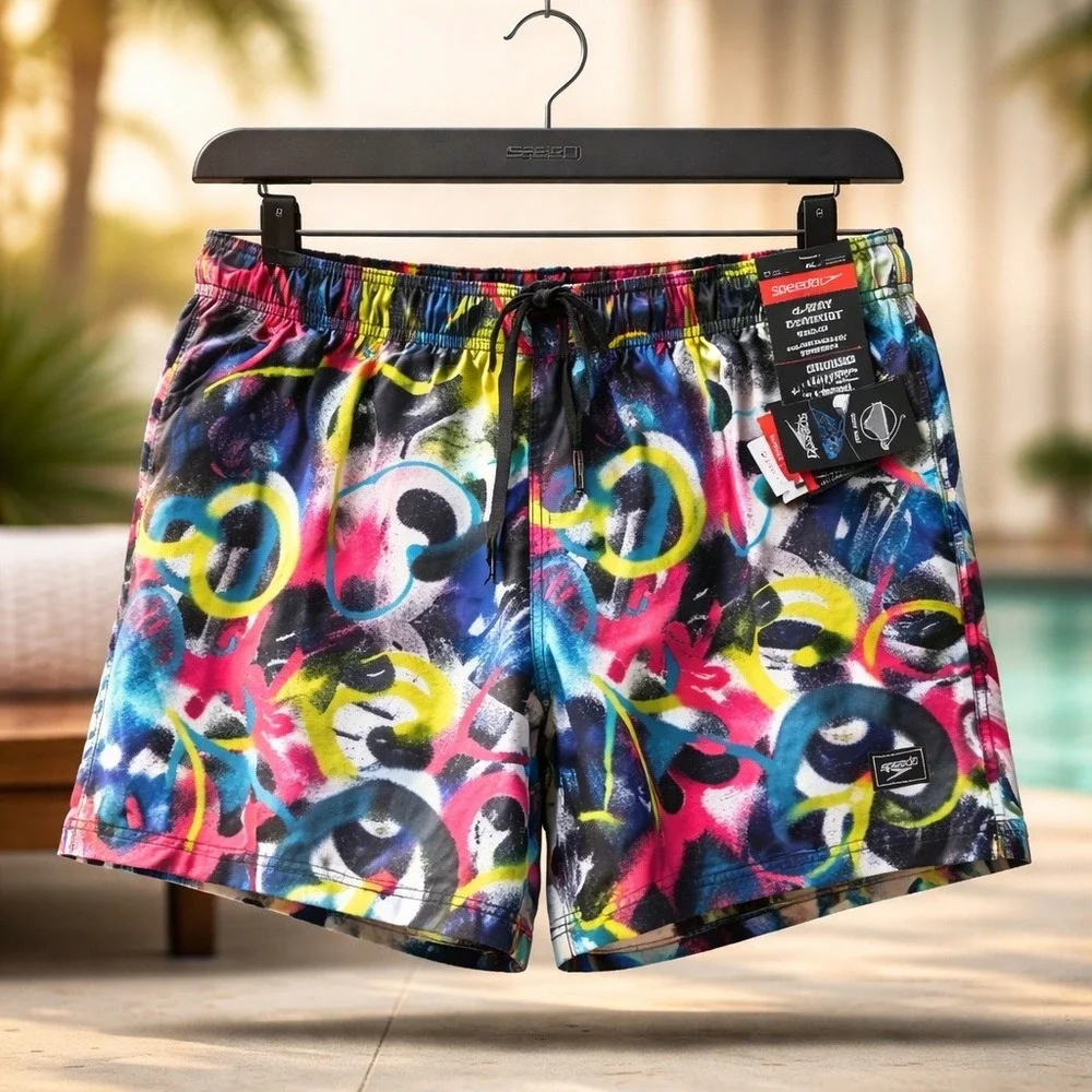 Speedo Mens‎ XL Volley Swim Trunks Purple Abstract Graffiti 4-Way Stretch NWT